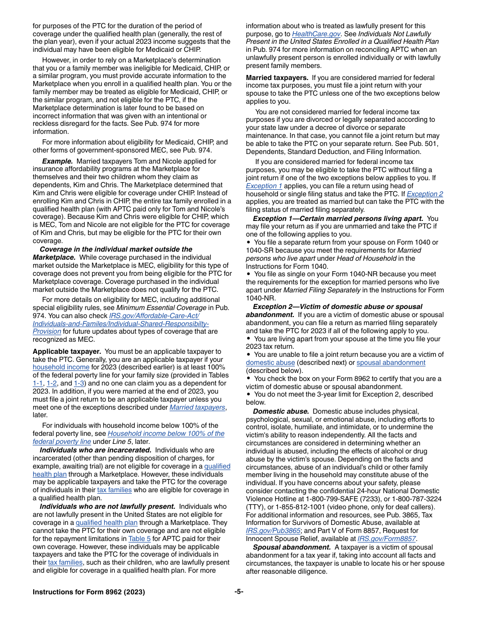Instructions for IRS Form 8962 Premium Tax Credit (Ptc), Page 5