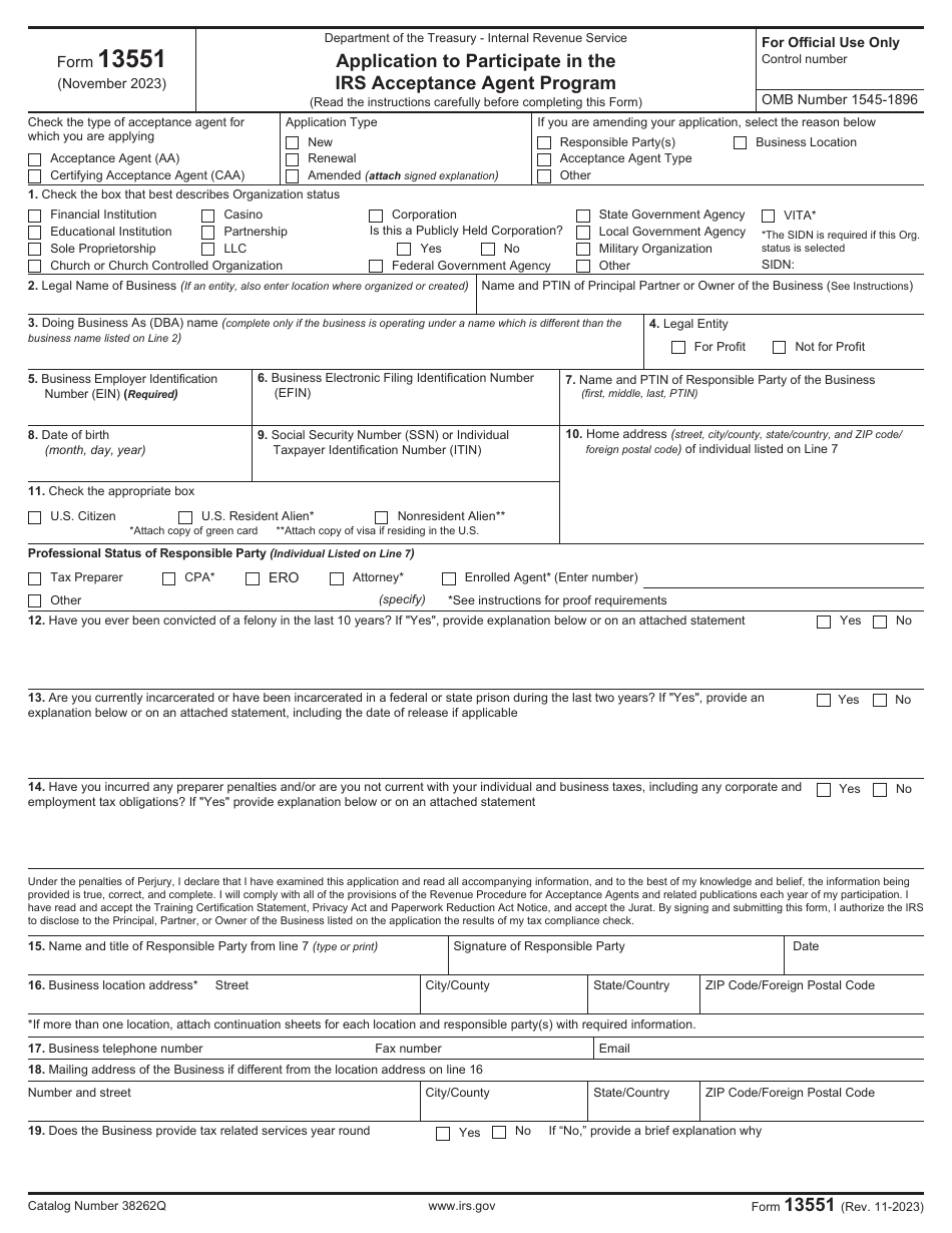IRS Form 13551 Application to Participate in the IRS Acceptance Agent Program, Page 1