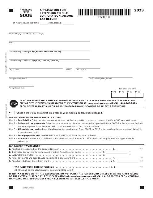 Maryland Form 500E (COM/RAD-003) Application for Extension to File Corporation Income Tax Return - Maryland, 2023