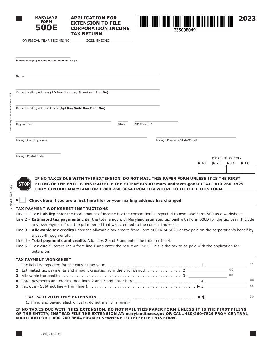 Maryland Form 500E (COM / RAD-003) Application for Extension to File Corporation Income Tax Return - Maryland, Page 1