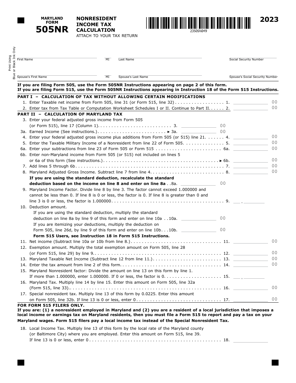 Maryland Form 505NR (COM / RAD-318) Nonresident Income Tax Calculation - Maryland, Page 1