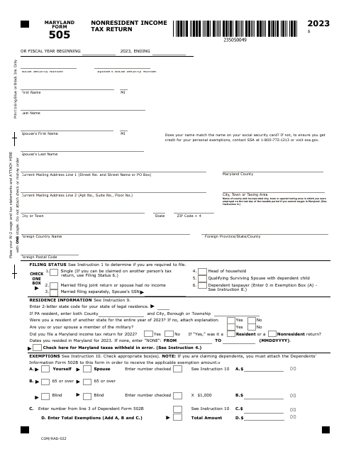 Maryland Form 505 (COM/RAD-022) Nonresident Income Tax Return - Maryland, 2023