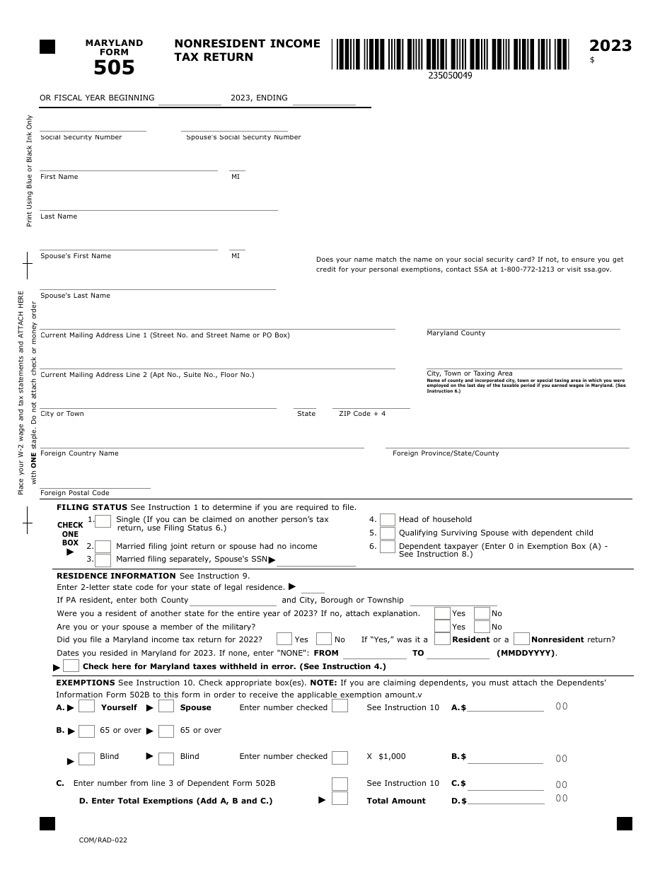 Maryland Form 505 (COM / RAD-022) Nonresident Income Tax Return - Maryland, Page 1