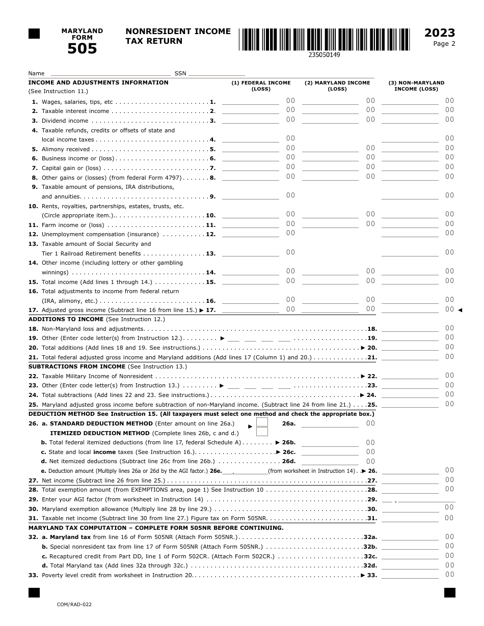 Maryland Form 505 (COM / RAD-022) Nonresident Income Tax Return - Maryland, Page 2
