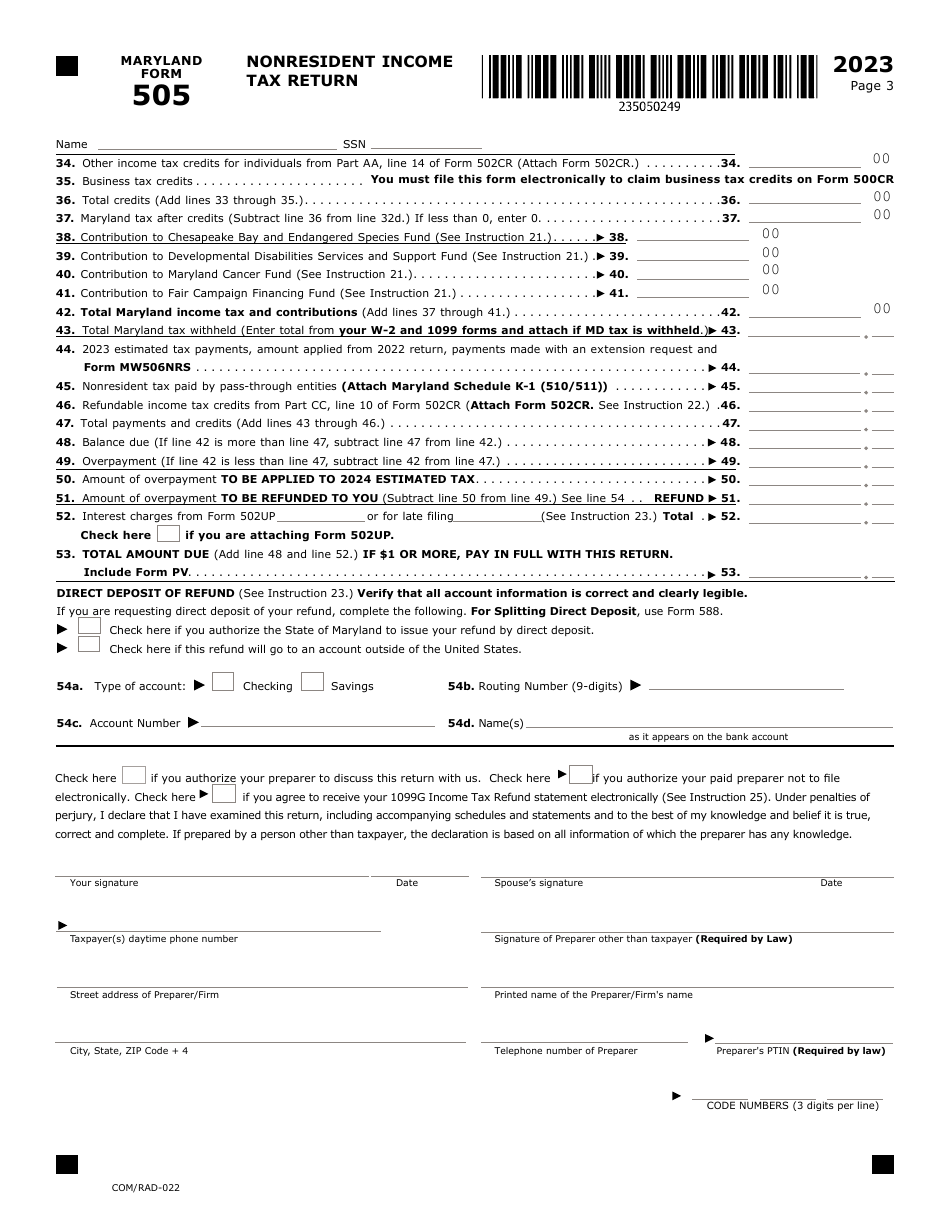 Maryland Form 505 (COM / RAD-022) Nonresident Income Tax Return - Maryland, Page 3