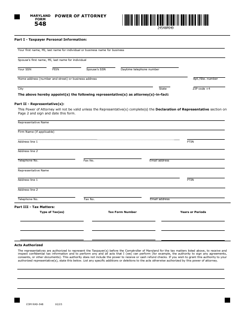 Maryland Form 548 (COM/RAD-548)  Printable Pdf