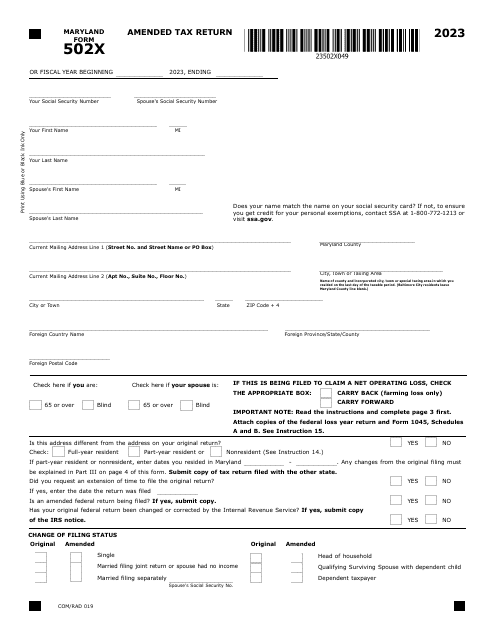 Maryland Form 502X (COM/RAD019) Amended Tax Return - Maryland, 2023