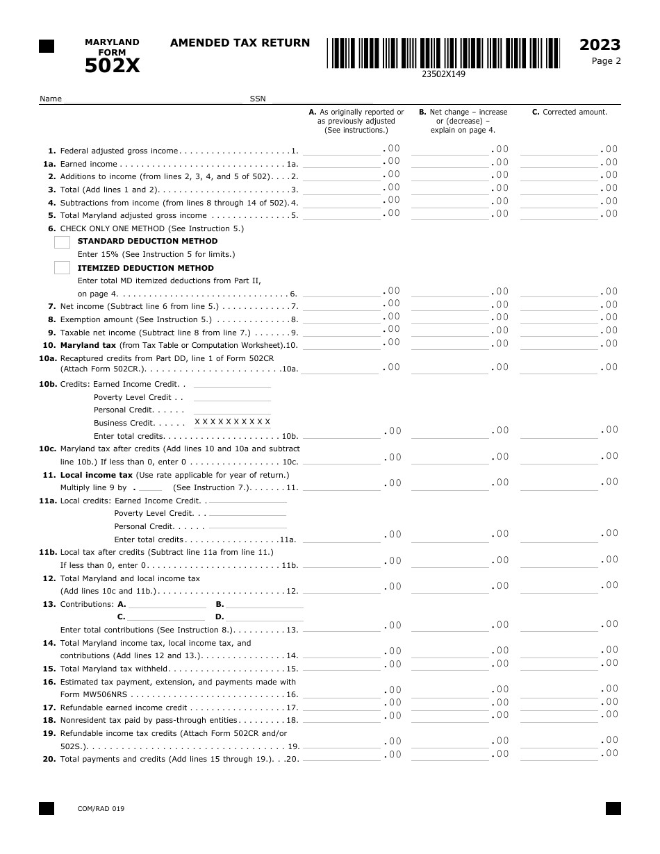 Maryland Form 502X (COM / RAD019) Amended Tax Return - Maryland, Page 2