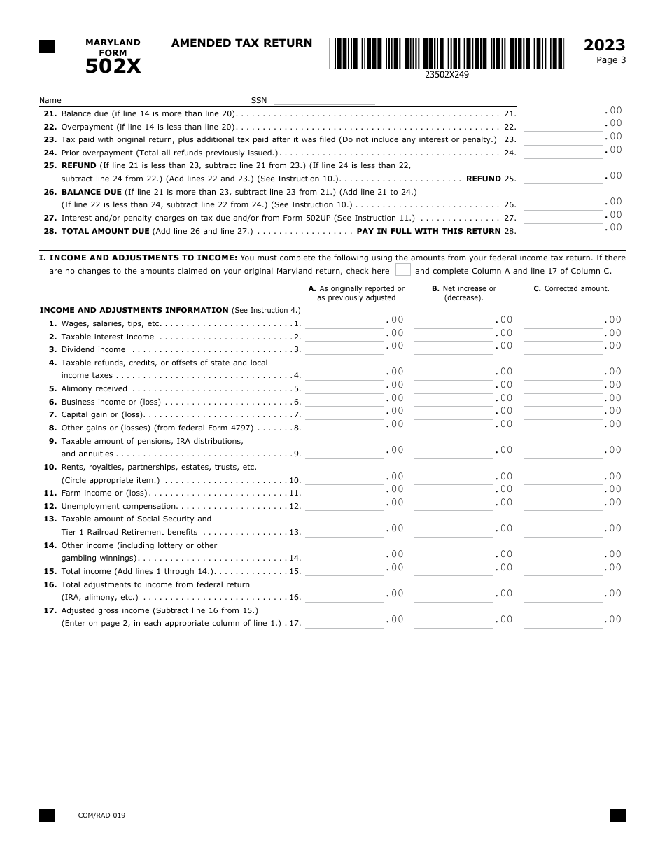 Maryland Form 502X (COM / RAD019) Amended Tax Return - Maryland, Page 3