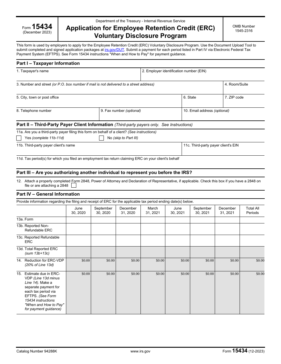 IRS Form 15434 Application for Employee Retention Credit (Erc) Voluntary Disclosure Program, Page 1