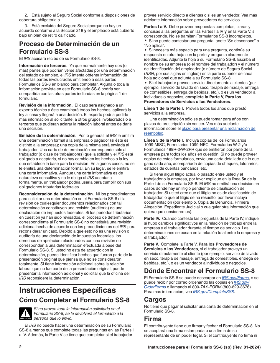 Instrucciones para IRS Formulario SS-8 (SP) Determinacion Del Estado De Empleo De Un Trabajador Para Propositos De Los Impuestos Sobre La Nomina Y Retencion De Impuestos Sobre Los Ingresos Federales (Spanish), Page 2