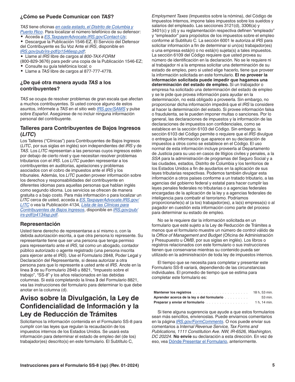 Instrucciones para IRS Formulario SS-8 (SP) Determinacion Del Estado De Empleo De Un Trabajador Para Propositos De Los Impuestos Sobre La Nomina Y Retencion De Impuestos Sobre Los Ingresos Federales (Spanish), Page 5