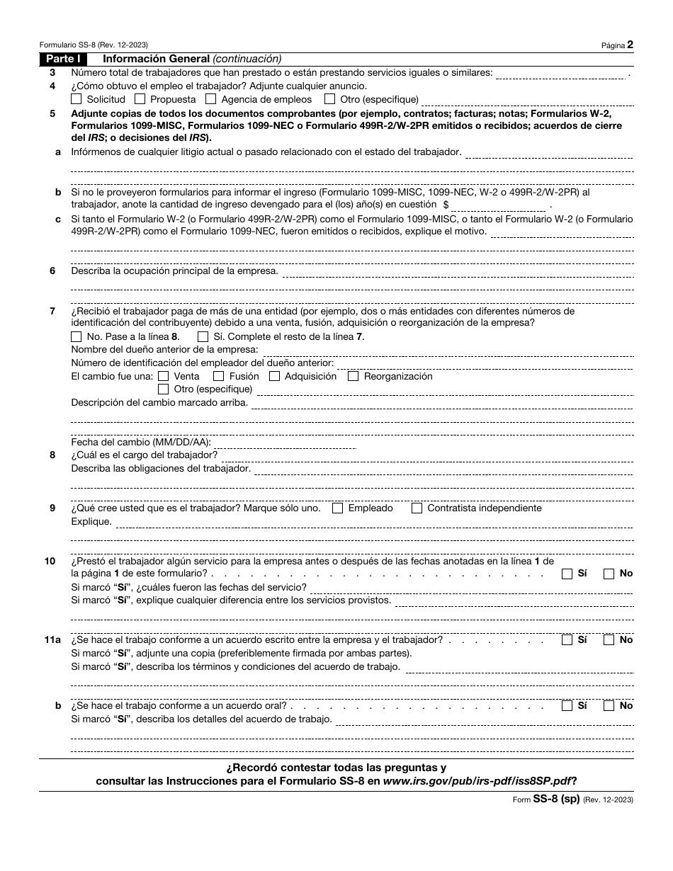 IRS Formulario SS-8 (SP) Determinacion Del Estado De Empleo De Un Trabajador Para Propositos De Los Impuestos Sobre La Nomina Y Retencion De Impuestos Sobre Los Ingresos Federales (Spanish), Page 2