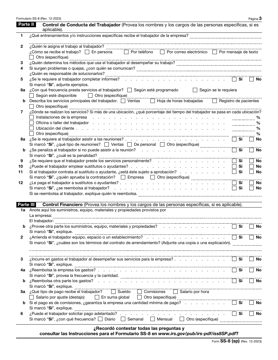 IRS Formulario SS-8 (SP) Determinacion Del Estado De Empleo De Un Trabajador Para Propositos De Los Impuestos Sobre La Nomina Y Retencion De Impuestos Sobre Los Ingresos Federales (Spanish), Page 3