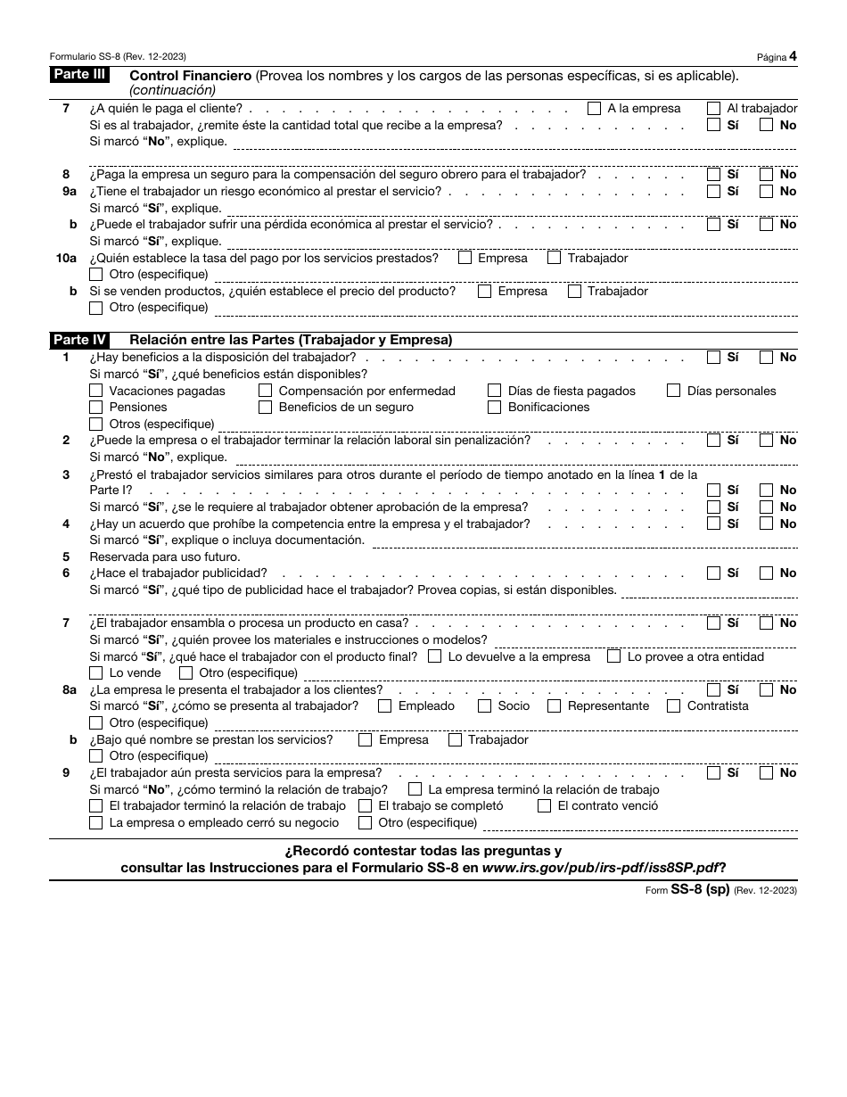 IRS Formulario SS-8 (SP) Determinacion Del Estado De Empleo De Un Trabajador Para Propositos De Los Impuestos Sobre La Nomina Y Retencion De Impuestos Sobre Los Ingresos Federales (Spanish), Page 4