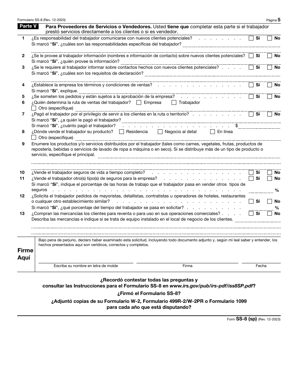 IRS Formulario SS-8 (SP) Determinacion Del Estado De Empleo De Un Trabajador Para Propositos De Los Impuestos Sobre La Nomina Y Retencion De Impuestos Sobre Los Ingresos Federales (Spanish), Page 5