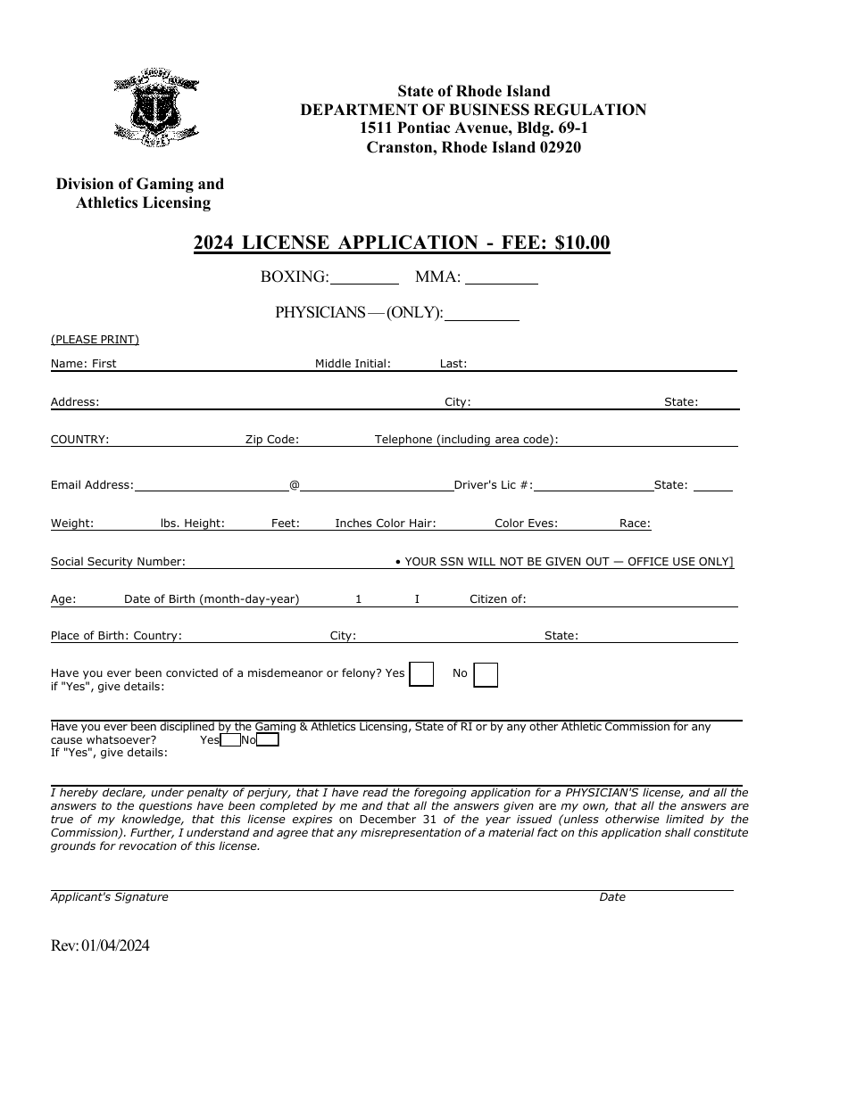 License Application - Occupational Physician (Only) - Rhode Island, Page 1