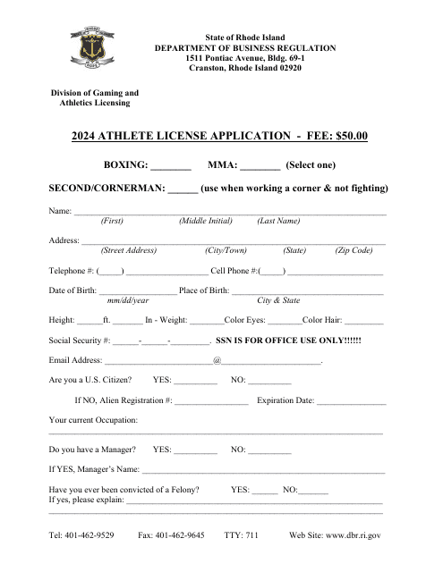 Athlete License Application - Rhode Island Download Pdf