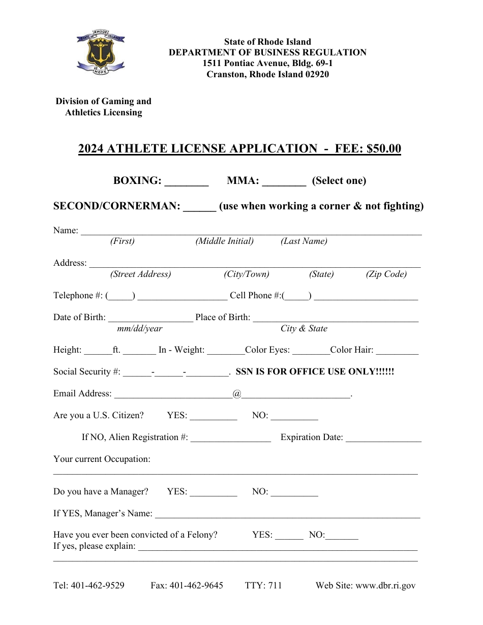 Athlete License Application - Rhode Island, Page 1