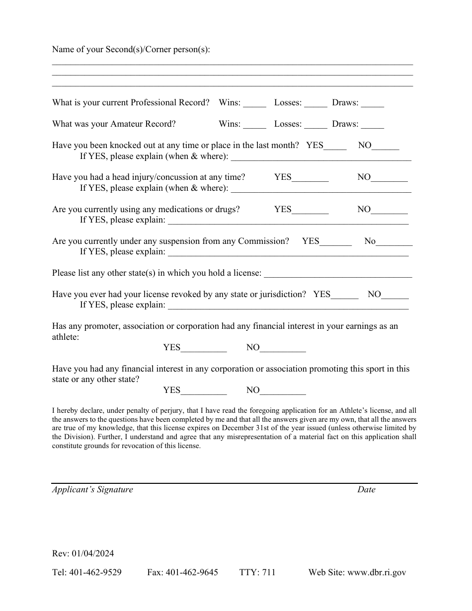 Athlete License Application - Rhode Island, Page 2