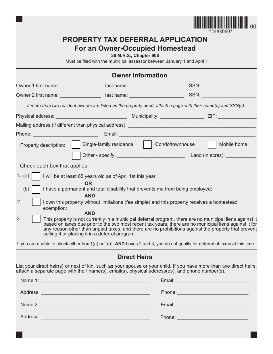 Property Tax Deferral Application for an Owner-Occupied Homestead - Maine, Page 1
