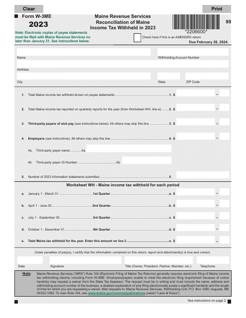 Form W-3ME Reconciliation of Maine Income Tax Withheld - Maine, 2023