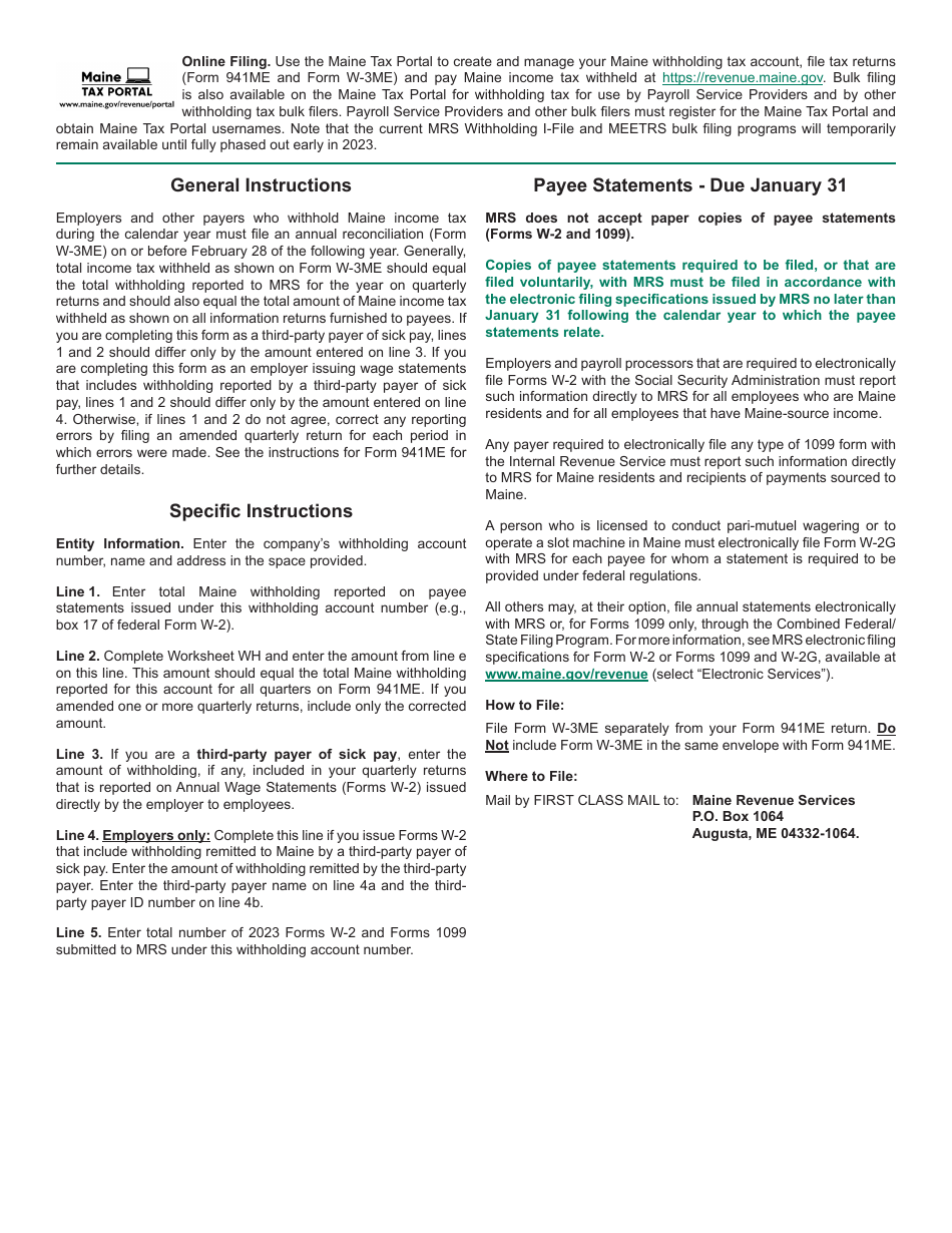 Form W-3ME Reconciliation of Maine Income Tax Withheld - Maine, Page 2