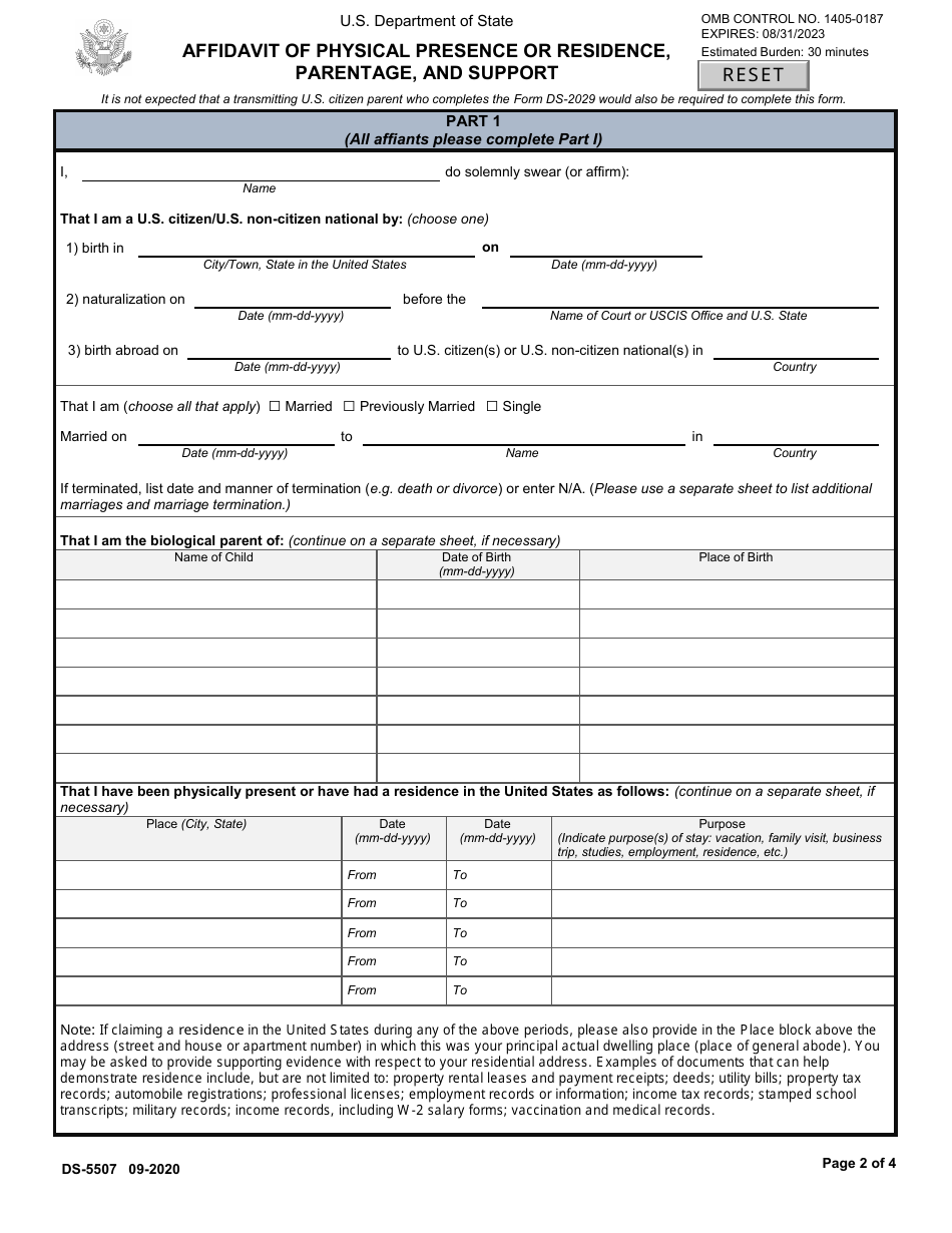 Form DS-5507 Affidavit of Physical Presence or Residence, Parentage, and Support, Page 2