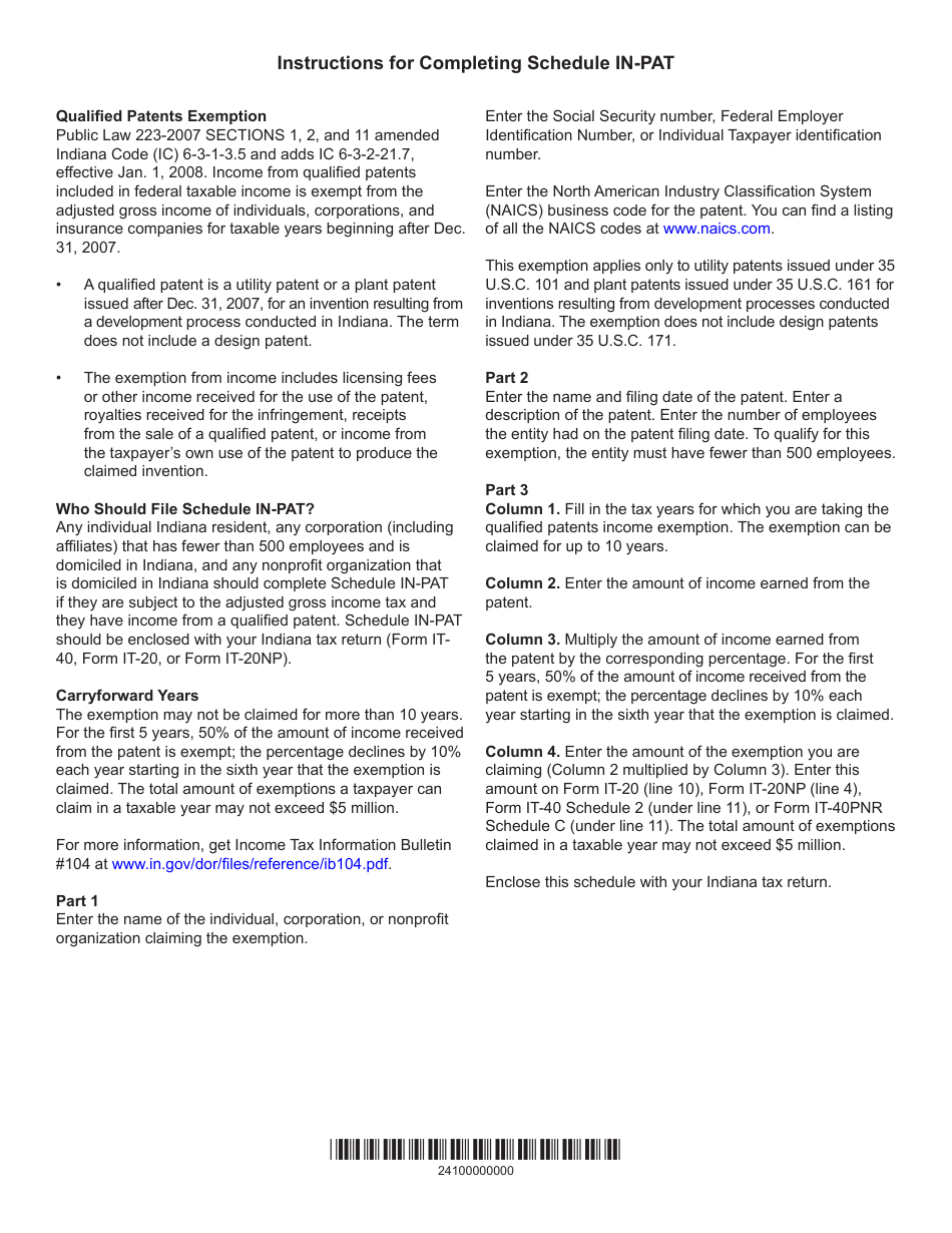 State Form 54084 Schedule IN-PAT Qualified Patents Exemption Schedule - Indiana, Page 2