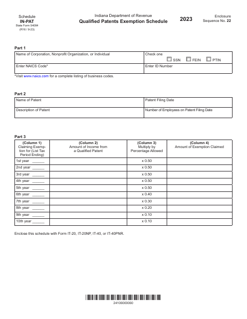 State Form 54084 Schedule IN-PAT 2023 Printable Pdf