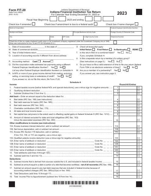 Form FIT-20 (State Form 44623) Indiana Financial Institution Tax Return - Indiana, 2023