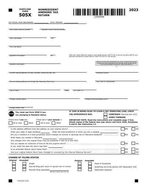Maryland Form 505X (COM/RAD022A) 2023 Printable Pdf