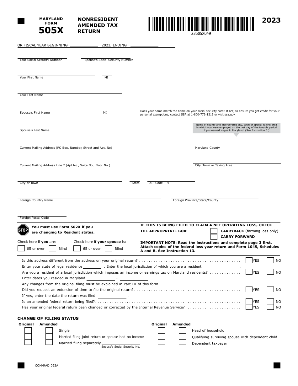 Maryland Form 505X (COM / RAD022A) Nonresident Amended Tax Return - Maryland, Page 1