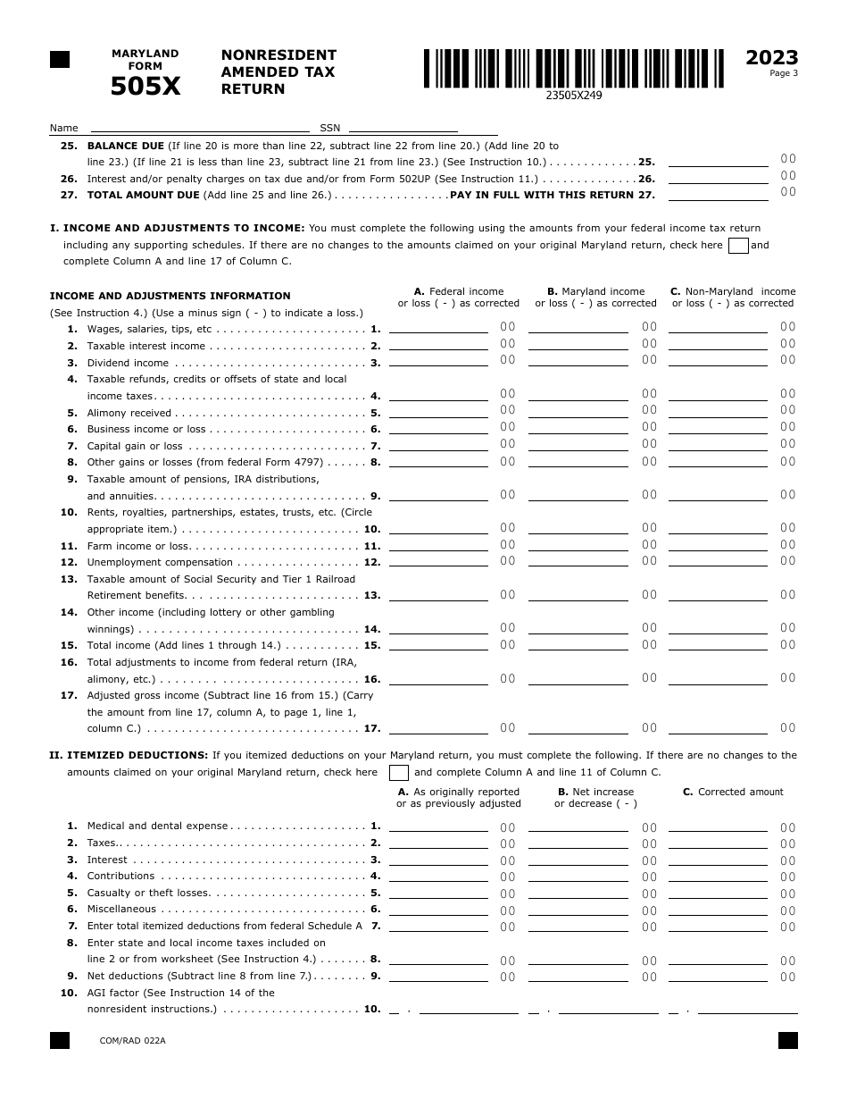 Maryland Form 505X (COM / RAD022A) Nonresident Amended Tax Return - Maryland, Page 3