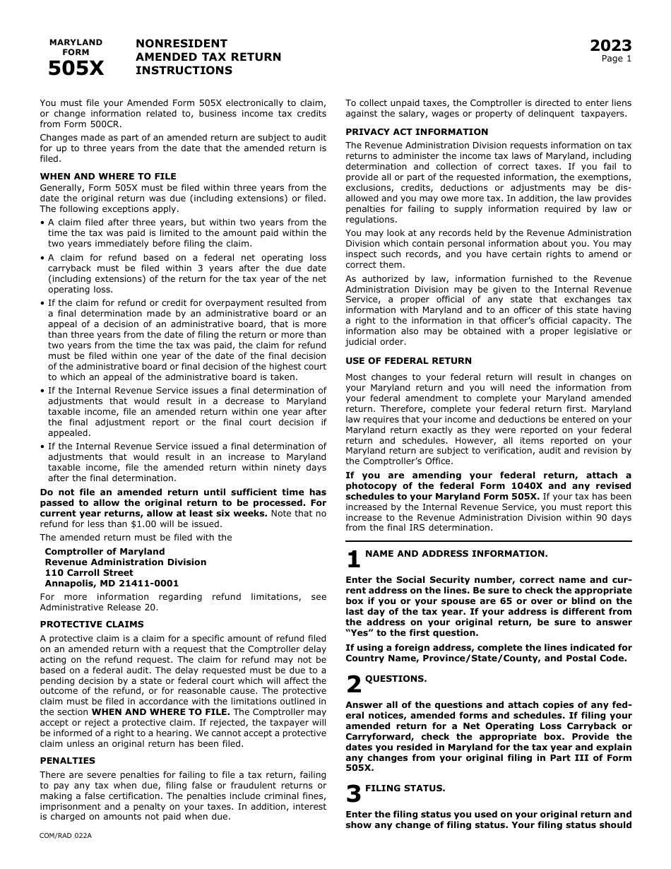 Maryland Form 505X (COM / RAD022A) Nonresident Amended Tax Return - Maryland, Page 5