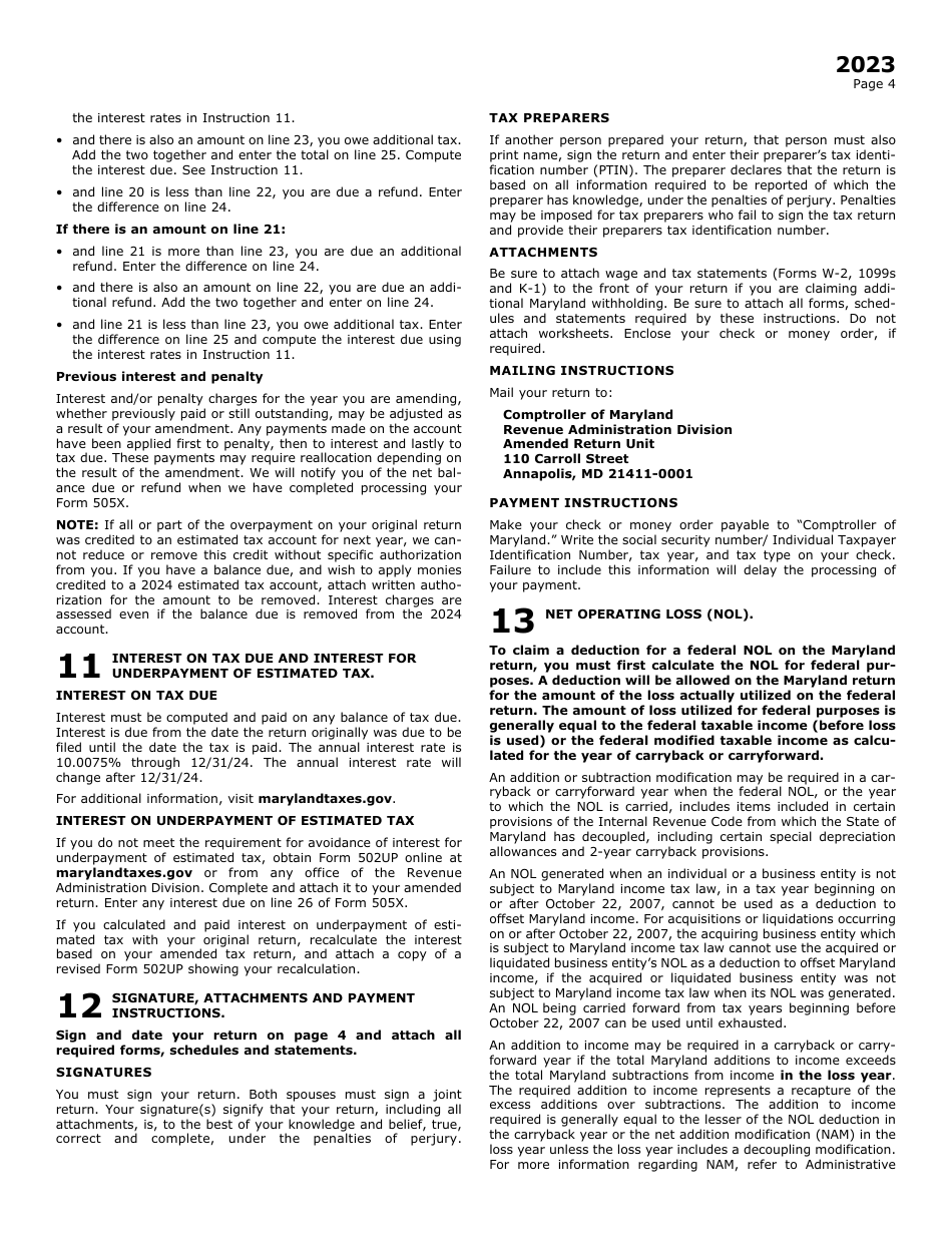Maryland Form 505X (COM / RAD022A) Nonresident Amended Tax Return - Maryland, Page 8