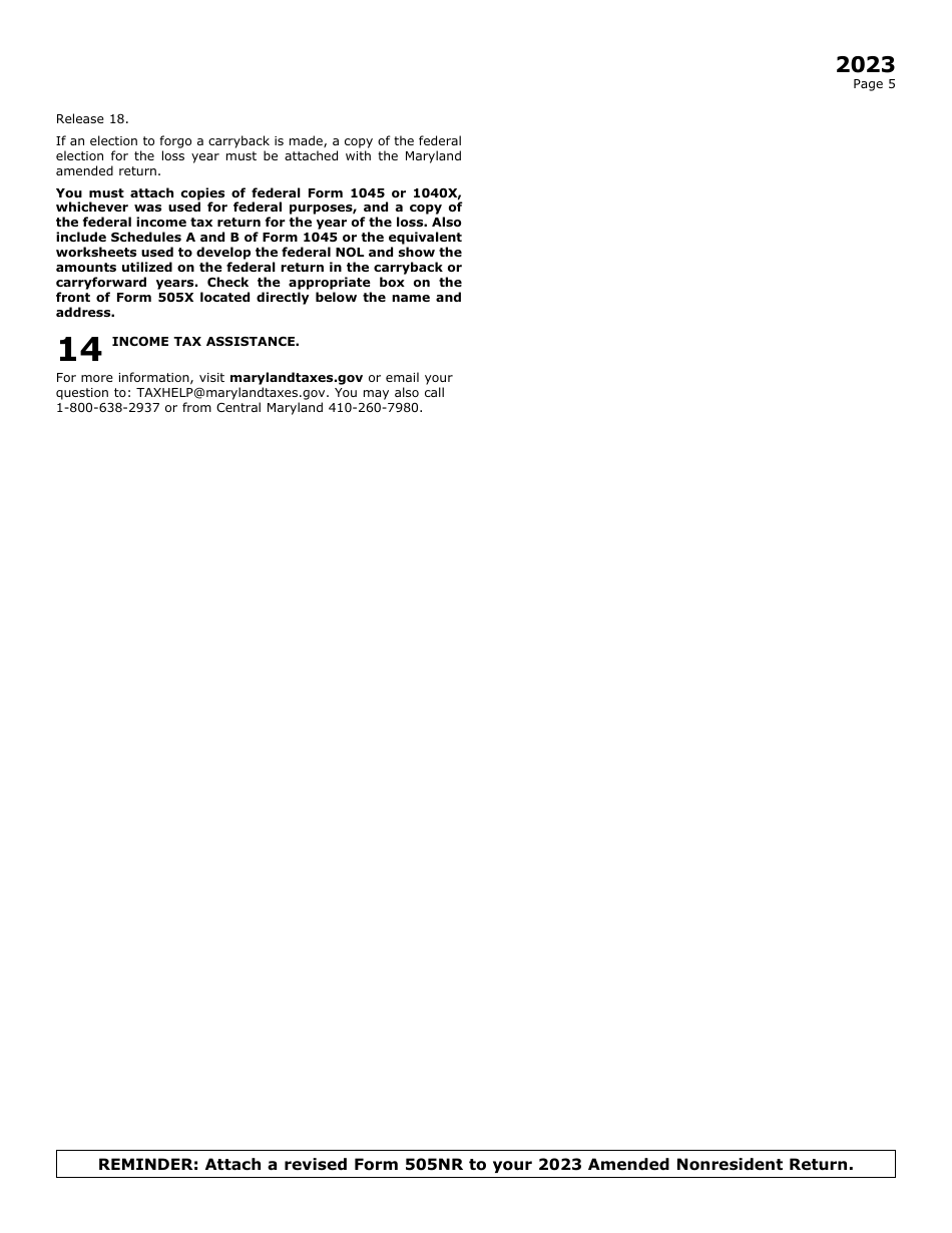 Maryland Form 505X (COM / RAD022A) Nonresident Amended Tax Return - Maryland, Page 9