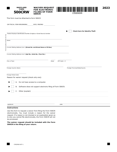 Maryland Form 500CRW (COM/RAD-007) Waiver Request for Electronic Filing of Form 500cr - Maryland, 2023