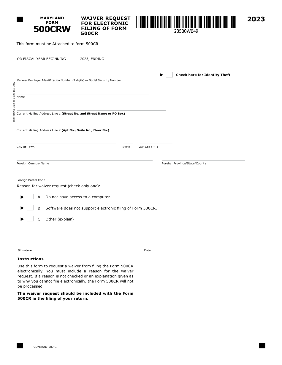 Maryland Form 500CRW (COM / RAD-007) Waiver Request for Electronic Filing of Form 500cr - Maryland, Page 1
