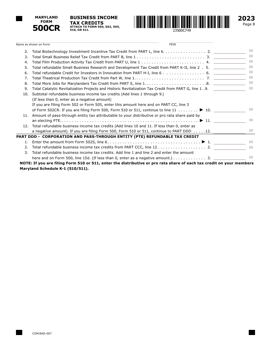 Maryland Form 500CRW (COM / RAD-007) Waiver Request for Electronic Filing of Form 500cr - Maryland, Page 9
