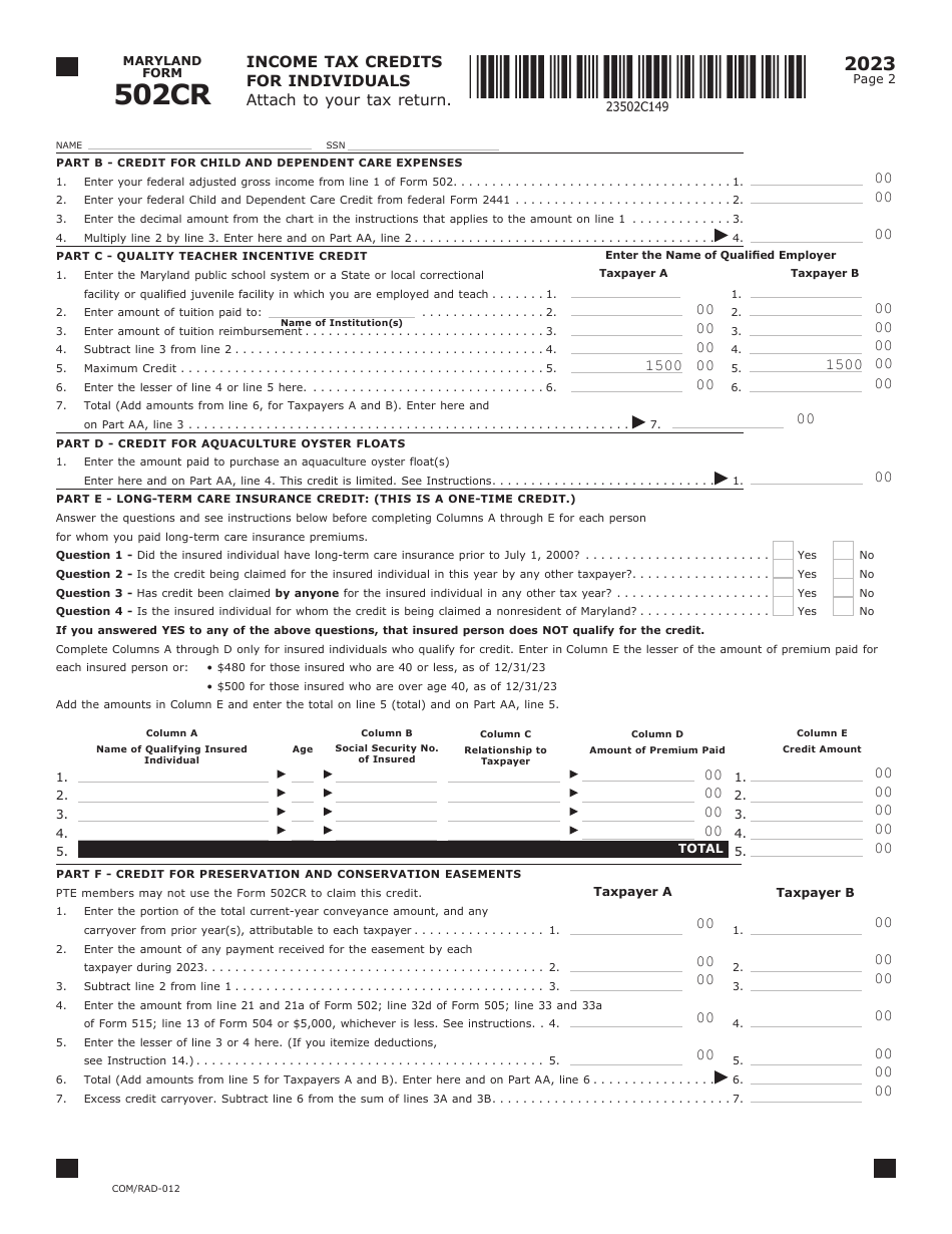 Maryland Form 502CR (COM / RAD-012) Income Tax Credits for Individuals - Maryland, Page 2