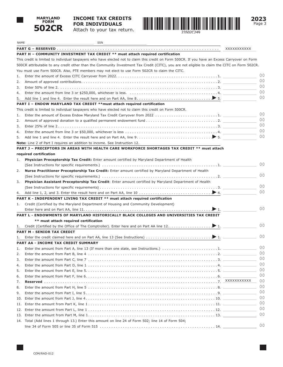 Maryland Form 502CR (COM / RAD-012) Income Tax Credits for Individuals - Maryland, Page 3