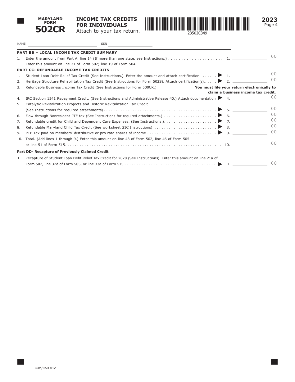 Maryland Form 502CR (COM / RAD-012) Income Tax Credits for Individuals - Maryland, Page 4