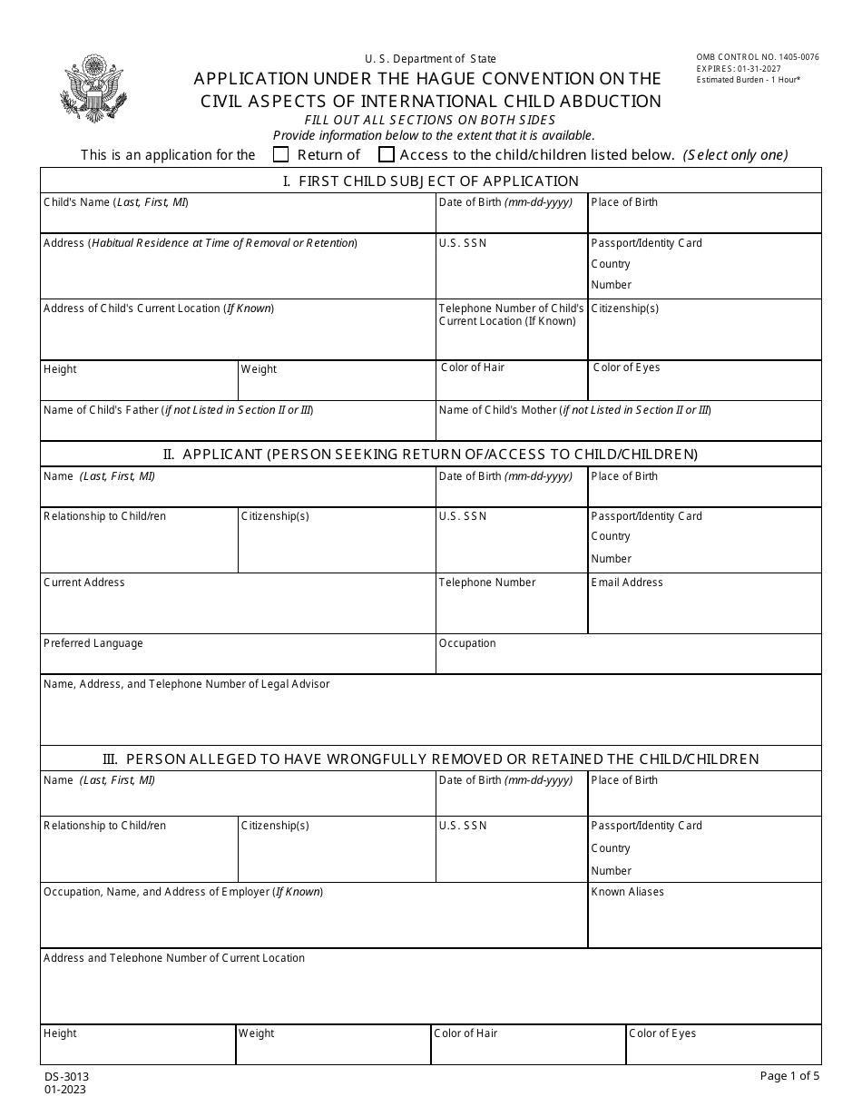 Form DS-3013 Application Under the Hague Convention on the Civil Aspects of International Child Abduction, Page 1