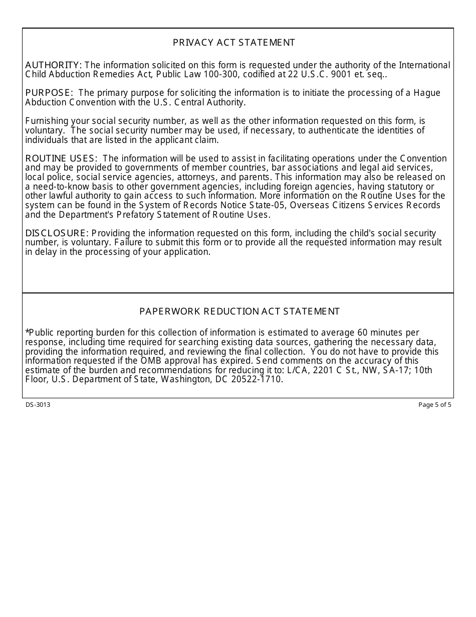 Form DS-3013 Application Under the Hague Convention on the Civil Aspects of International Child Abduction, Page 5