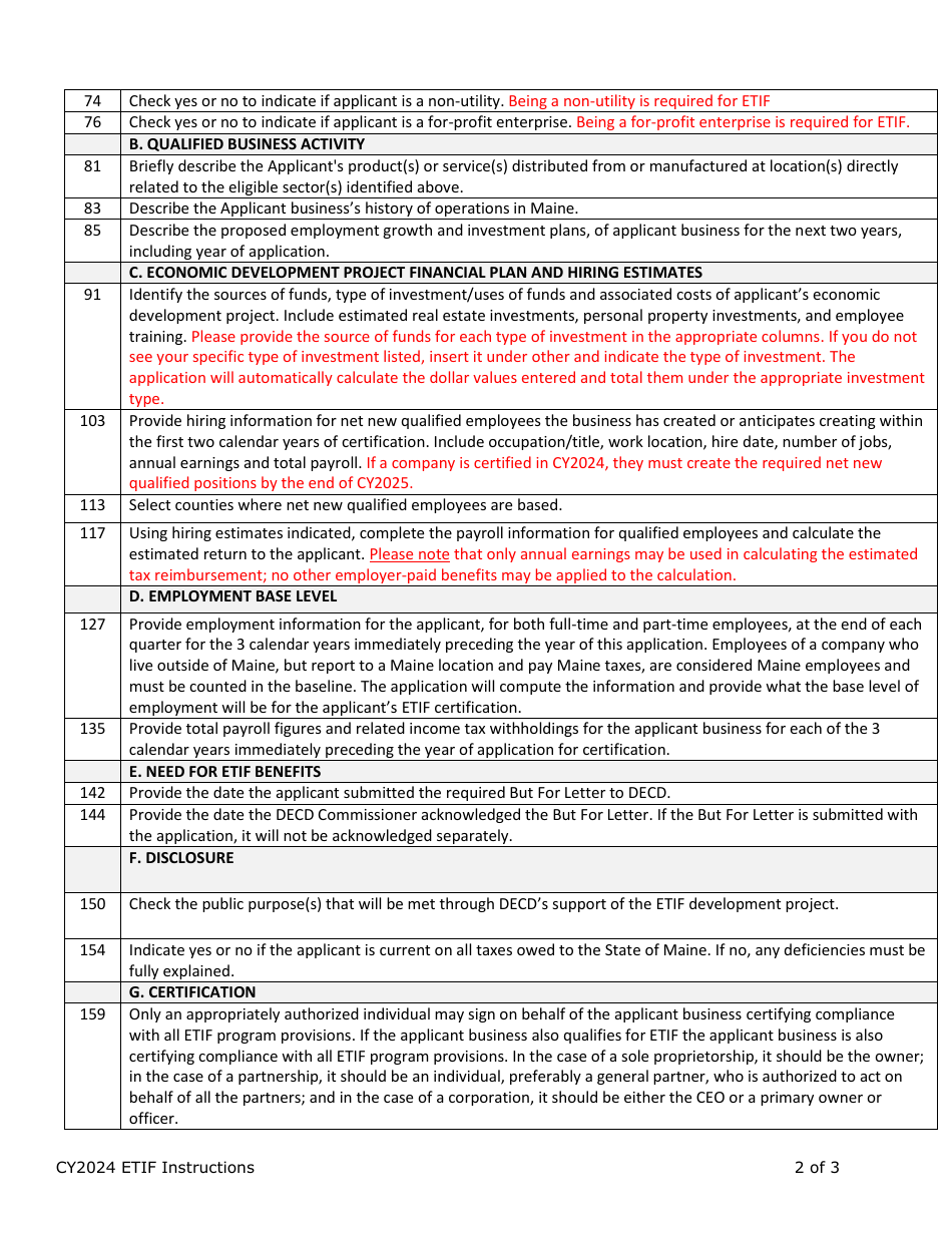 Instructions for Business Certification Application - Employment Tax Increment Financing (Etif) Program - Maine, Page 2
