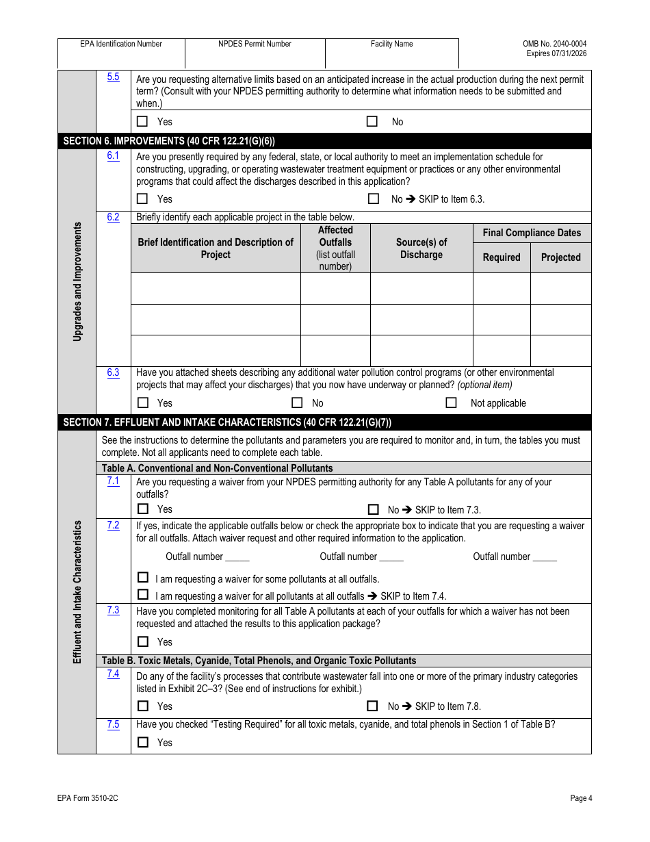NPDES Form 2C (EPA Form 3510-2C) Application for Npdes Permit to Discharge Wastewater - Existing Manufacturing, Commercial, Mining, and Silviculture Operations, Page 19