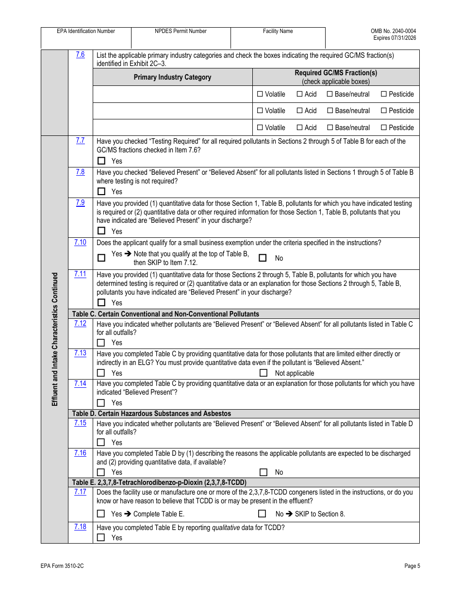 NPDES Form 2C (EPA Form 3510-2C) Application for Npdes Permit to Discharge Wastewater - Existing Manufacturing, Commercial, Mining, and Silviculture Operations, Page 20