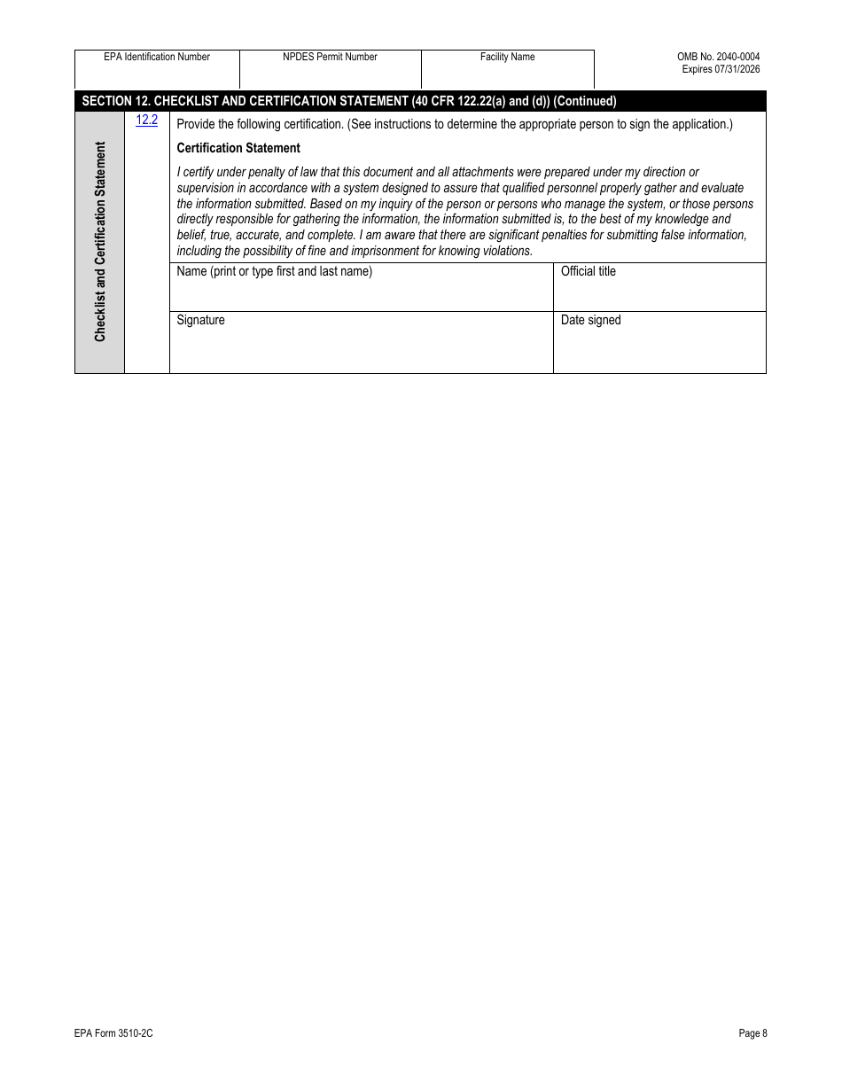 NPDES Form 2C (EPA Form 3510-2C) Application for Npdes Permit to Discharge Wastewater - Existing Manufacturing, Commercial, Mining, and Silviculture Operations, Page 23