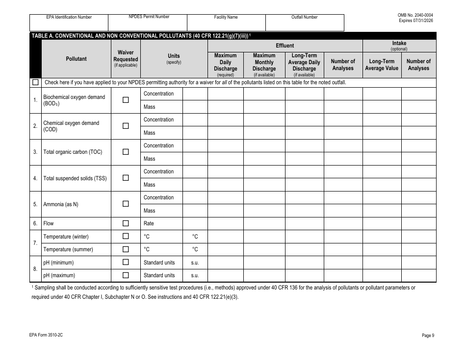 NPDES Form 2C (EPA Form 3510-2C) Application for Npdes Permit to Discharge Wastewater - Existing Manufacturing, Commercial, Mining, and Silviculture Operations, Page 24